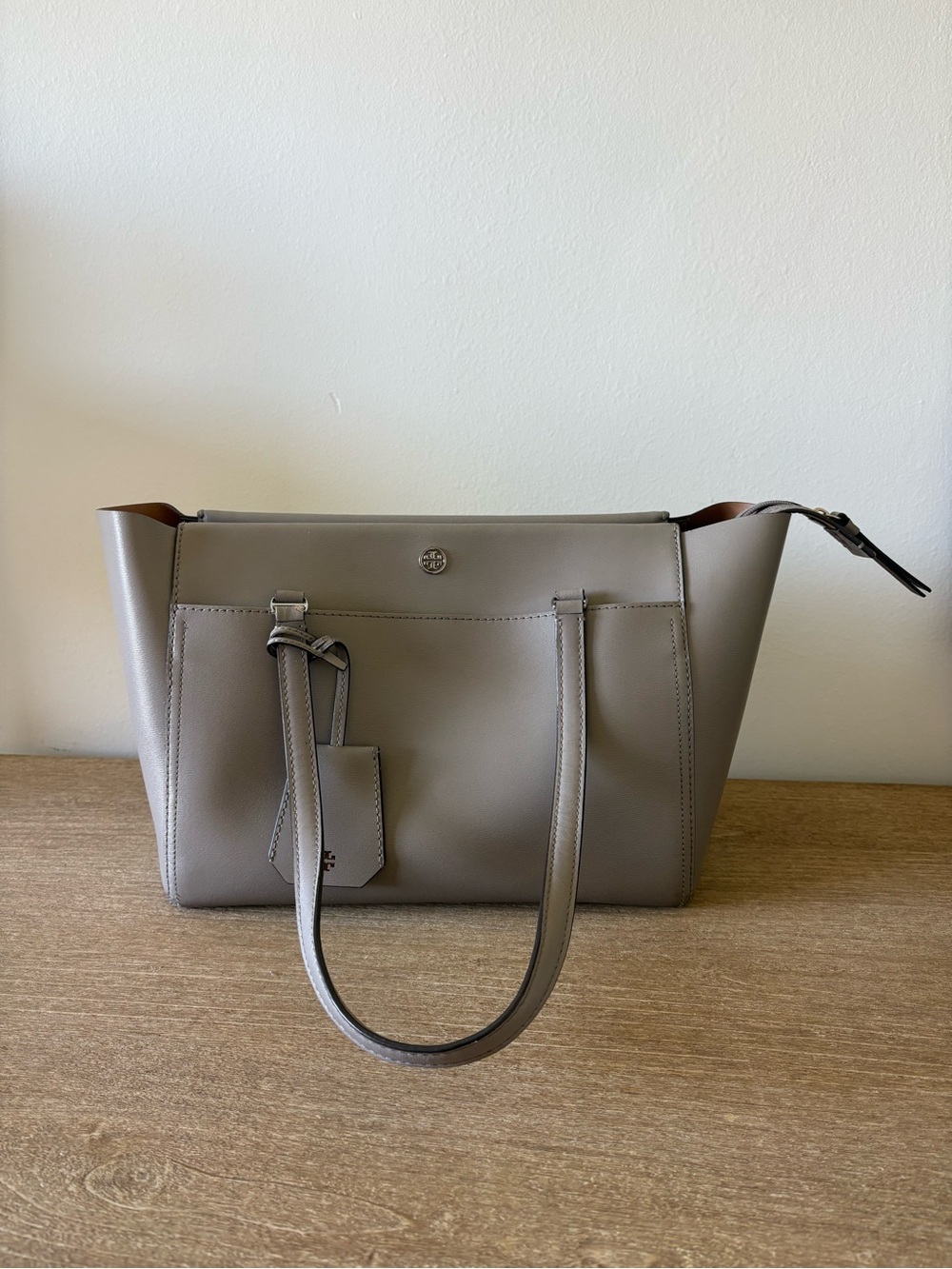 Tory Burch Taupe Leather Tote with Top Handles